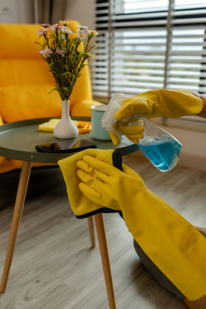 she is cleaning her apartment every weekend to keep everything neat, living room has no dust at all, wearing protection while cleaning which is gloves and apron, furniture, maidの写真素材