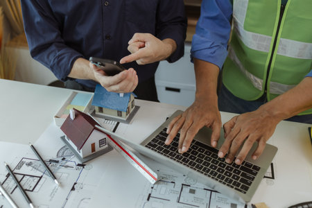 there are scientific calculator, laptop, house model, blueprint on the desk in the office with two...