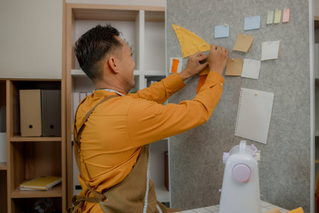 a energetic designer is working on finishing his new clothing collection before its release,...