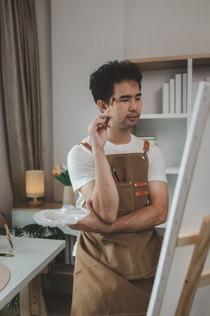 a painter is in his painting studio, a rising male artist is focusing on creating his best paintings, both in drawing and painting, palette, canvas, paintbrush, oils, watercolors, poster colors.の写真素材