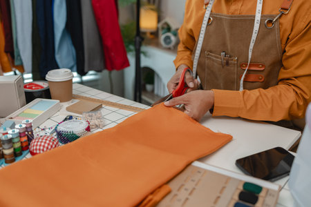 designer shop owner is working in his studio, use a lot of fabric to make clothes, design...