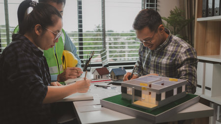 A meeting of architects who work hard together to create outstanding work. Engineers and contractors collaborate to solve problems that arise in design and construction.の写真素材