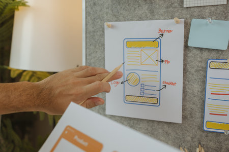 A web designer is using his idea to create a digital product design project that will meet the needs of users in terms of both appearance and feel when using it, ux, ui, interface, experience.の写真素材