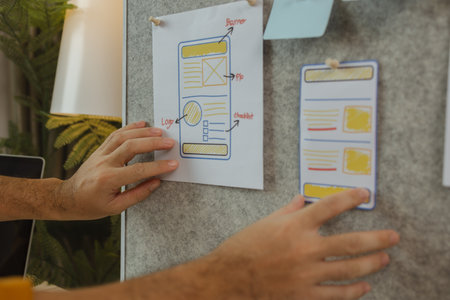 A web developer is analyzing data from his ideas to develop the structure and components of a digital product that best meets the needs of users, ux, ui, interface, experienceの写真素材