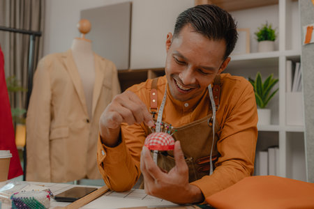 a fashion designer dis taking a break in his sewing studio after working all morning, a tailor is...