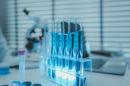 the atmosphere inside the laboratory with many scientific equipment such as microscopes, test tubes, chemicals, the laboratory is clean and highly safe, scientific research and information roomの写真素材