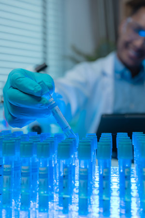 a scientist is happily work in the laboratory, a science researcher is working on his project about...