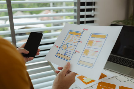 A web developer is analyzing data from his ideas to develop the structure and components of a digital product that best meets the needs of users, ux, ui, interface, experienceの写真素材