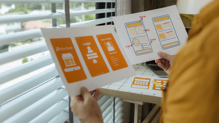 A web developer is analyzing data from his ideas to develop the structure and components of a digital product that best meets the needs of users, ux, ui, interface, experienceの写真素材