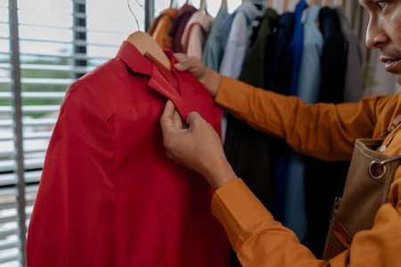 a designer is working in his studio, checking all clothes before sent to shop, talented designer is happy with his work, stylish. fabric, sewing, fashionable, entrepreneurの写真素材