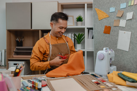 designer shop owner is working in his studio, use a lot of fabric to make clothes, design fashionable clothes for customer, sewing is an important tool for designer.の写真素材