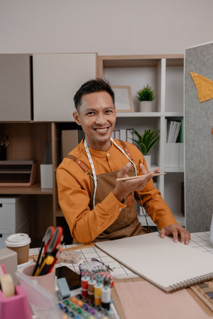 a fashion designer is in his studio and shows off a variety of poses, a tailor poses for photos, expressing different feelings in the fashion room, stylish, clothes, fashionable, textileの写真素材