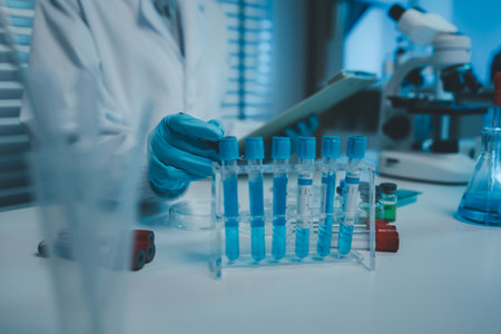 a chemist examines a sample of a liquid in a laboratory, a laboratory filled with scientific...