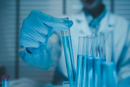 a chemist examines a sample of a liquid in a laboratory, a laboratory filled with scientific experiment equipment, microscope, female scientist, female chemist, researcher is searching for scientificの写真素材