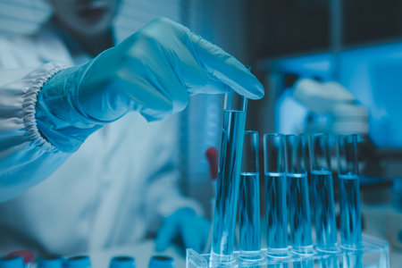 a chemist examines a sample of a liquid in a laboratory, a laboratory filled with scientific...