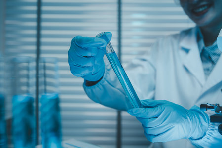 a chemist examines a sample of a liquid in a laboratory, a laboratory filled with scientific...