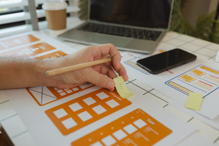A web designer is using his idea to create a digital product design project that will meet the needs of users in terms of both appearance and feel when using it, ux, ui, interface, experience.の写真素材