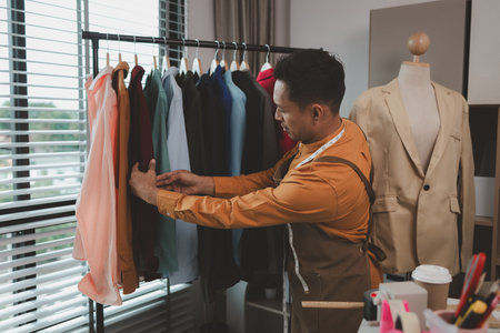 a designer is working in his studio, checking all clothes before sent to shop, talented designer is happy with his work, stylish. fabric, sewing, fashionable, entrepreneurの写真素材