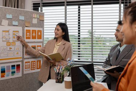 ux developer and ui designer brainstorming about mobile app interface wireframe design in the office, website designer, creative planning phone app development templateの写真素材