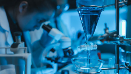 scientist working on scientific equipment in modern laboratory doing research on chemicals and...