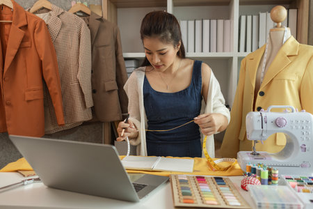 Design professional marking on fabric, designer working in the studio, tailor adjusts garment design on mannequin in workshop - fashion atelier, Woman measuring fabric in fashion design studioの写真素材