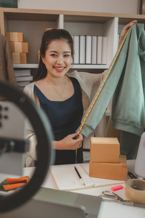 a beautiful seamstress is selling her products online to increase her income and also to communicate directly with customers without having to meet themの写真素材