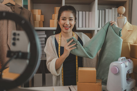 a beautiful seamstress is selling her products online to increase her income and also to communicate directly with customers without having to meet themの写真素材