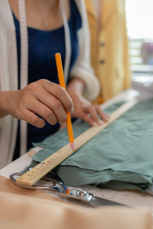 studio mannequin fashionable trendy clothes, dressmaking workplace, tailor shop, sewing workshop, professional tailor taking measurements for a suit, designer, clothing, fabric, dressmakerの写真素材