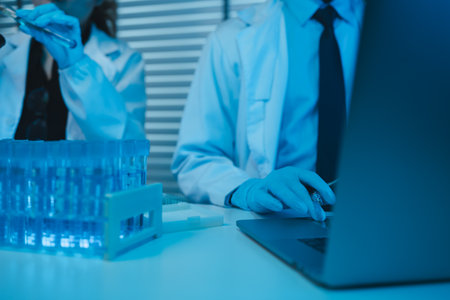 lab, team of medical research scientists work on a new generation disease cure, they use scientific equipment, test tubes, data implementing technology, laboratory looks busy,の写真素材