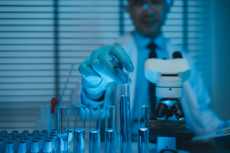 scientist working on scientific equipment in modern laboratory doing research on chemicals and bacteriaの写真素材