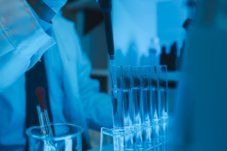 lab, team of medical research scientists work on a new generation disease cure, they use scientific equipment, test tubes, data implementing technology, laboratory looks busy,の写真素材
