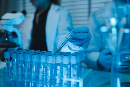 lab, team of medical research scientists work on a new generation disease cure, they use scientific...