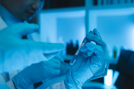 scientist working on scientific equipment in modern laboratory doing research on chemicals and bacteriaの写真素材