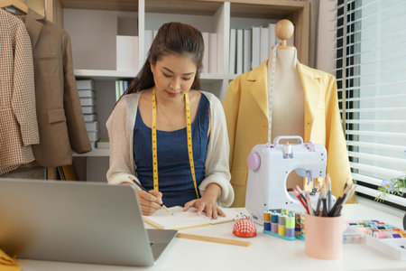 female fashion designer in her workshop studio, fashion designer working with fabric cutouts, beautiful fashion designer is making clothes with high quality fabric, dressmaker, material, clothingの写真素材