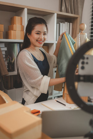 a beautiful seamstress is selling her products online to increase her income and also to communicate directly with customers without having to meet themの写真素材