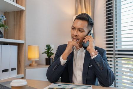 a businessman is talking on the phone with his colleague, a man is working in the office at company of accountant, an employee is in his private officeの写真素材