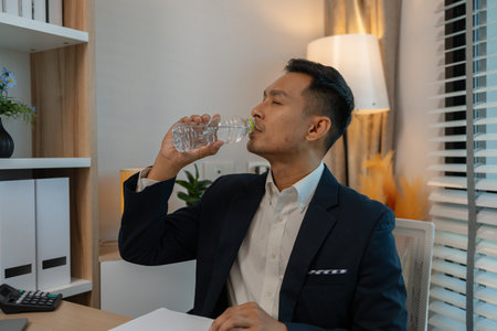 businessman in office relaxing in the office, calm businessman sit relax in his private office workplace take a break, happy relaxed young, man, Asian businessman is relaxing after finishing workの写真素材
