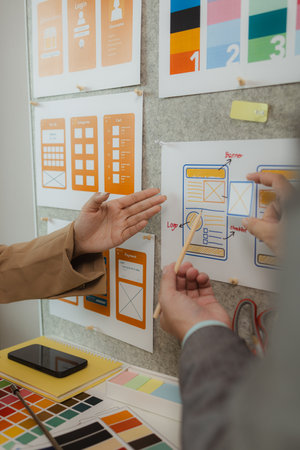 A team of web developers discusses how to best organize a website layout. They share ideas on how to best optimize a digital product, ux ui team is working together in the officeの写真素材