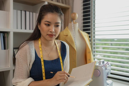 female fashion designer in her workshop studio, fashion designer working with fabric cutouts, beautiful fashion designer is making clothes with high quality fabric, dressmaker, material, clothingの写真素材
