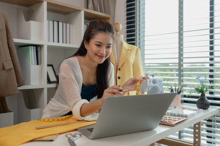 beautiful young lady tailor at work, beautiful female designer at design studio, crop view of fashion designer at work, woman in tailor workshop, clothing designer in workshop.の写真素材