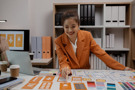 creative planning phone app development template layout, User experience concept, website designer, develop team UX designer working on smartphone application in the officeの写真素材