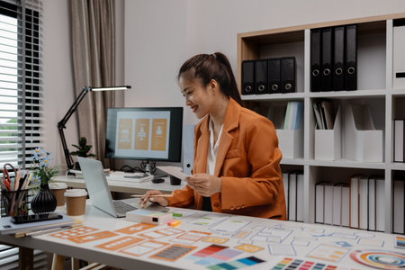 creative planning phone app development template layout, User experience concept, website designer, develop team UX designer working on smartphone application in the officeの写真素材
