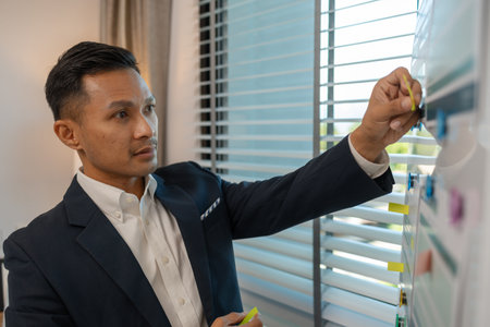 Image of handsome businessman is working in office, cheerful businessman entrepreneur professional...