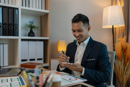 middle aged professional businessman wearing white shirt and suit happily smiling in office, a middle-aged, dark-haired businessman in a suit is happily working at his desk in the officeの写真素材