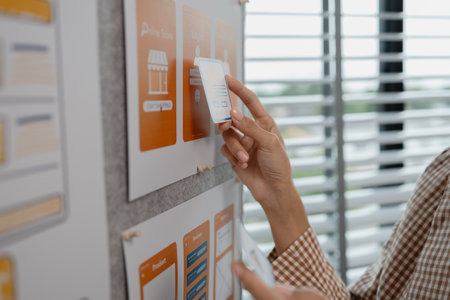 ux developer and ui designer brainstorming about mobile app interface wireframe design in the office, website designer, creative planning phone app development templateの写真素材