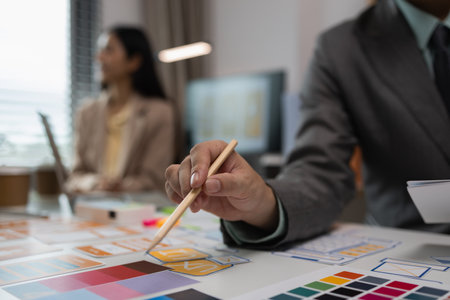 drawing website ux ui app for mobile phone application and development template layout, UI development, designer team working on a project of ux ui in creative office, team of creative webの写真素材