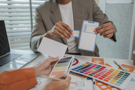 UX graphic designer planning application process development prototype, software development team,...