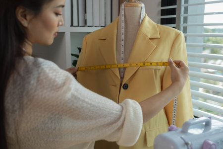 Design professional marking on fabric, designer working in the studio, tailor adjusts garment design on mannequin in workshop - fashion atelier, Woman measuring fabric in fashion design studioの写真素材