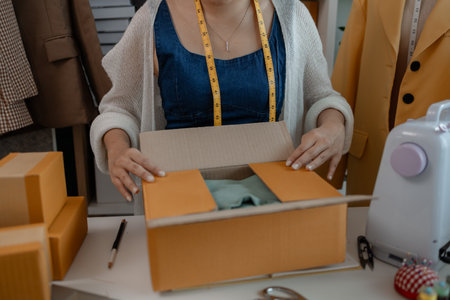 a designer is preparing products to send to customers by mail, a female dressmaker is selling her products online to increase her income, female industrial tailor at workの写真素材
