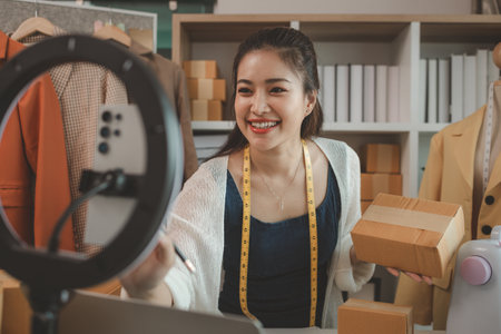 a beautiful seamstress is selling her products online to increase her income and also to communicate directly with customers without having to meet themの写真素材